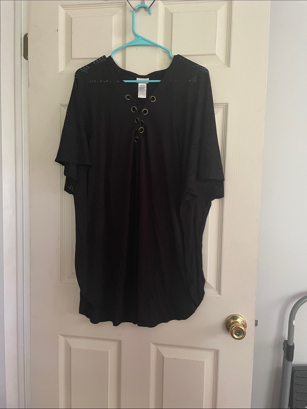 Black Lace-Up Short Sleeve Tunic Top/ swim coverup